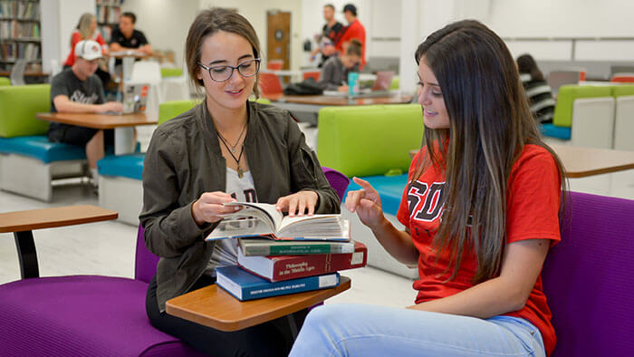 Two students sitting in a lounge area sofa, looking at an open book